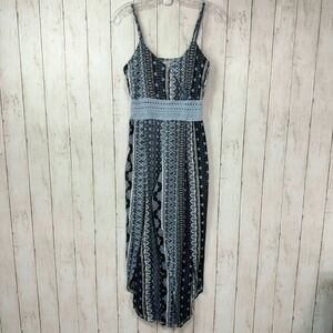 No Boundaries Junior's Blue Geometric Crochet Waist Jumpsuit Size M